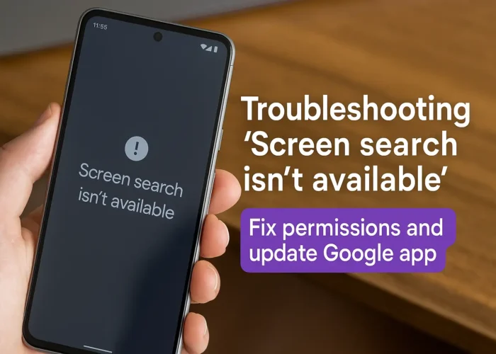 Pixel phone showing “Screen search isn't available” error with user trying to fix via settings. Represents Google app permissions and Android troubleshooting.