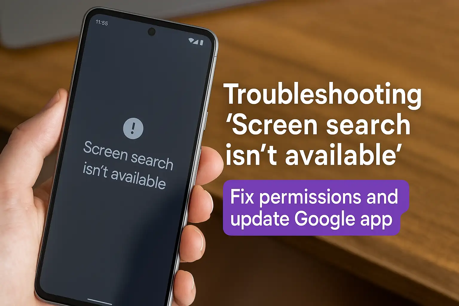Pixel phone showing “Screen search isn't available” error with user trying to fix via settings. Represents Google app permissions and Android troubleshooting.